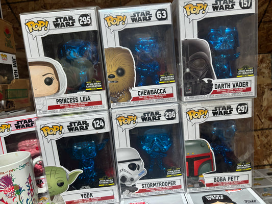 Star Wars Pop! Star Wars Pop!  Blue Chrome Set limited to 2500 : Chewbacca, Boba Fett Darth Vader Princess Leia, Yoda and Storm Trooper Cellebration Exclusive