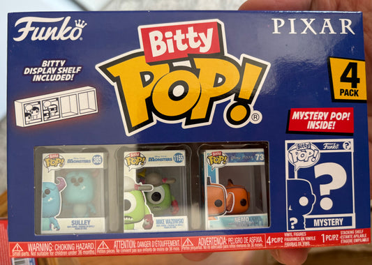 Funko Disney Pixar Mystery Bitty Pop 4 Pack! Sulley, Mike Wazowski , Nemo + Mystery