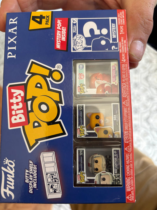 Funko Disney Pixar Mystery Bitty Pop 4 Pack! Buzz LIghtyear, Sox, Red Panda Mei + Mystery