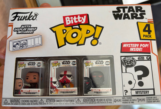 Star Wars The Mandalorian Bitty Pop! 4 pack : Moff Gideon, Incenerator Stormtrooper, Dark Trooper + Mystery ( Grogu) (Copy)