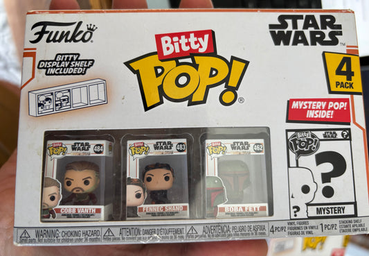 Star Wars The Mandalorian Bitty Pop! 4 pack : Cobb Vanth, Fennec Shand, Boba Fett + Mystery ( Grogu)