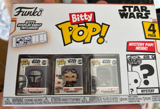 Star Wars The Mandalorian Bitty Pop! 4 pack : Mandalorian, Kuhl, Offworld Jawa, + Mystery ( Grogu)